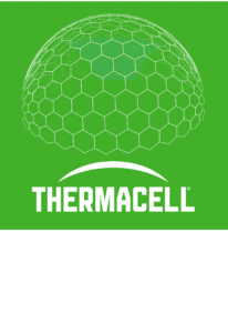 White vector graphic of thermacell shield on a green background. 